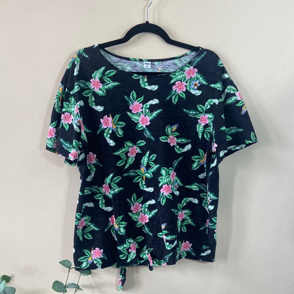 Old Navy Black Floral Top Tie Front Short Sleeve Womens XL Casual Shirt Tropical